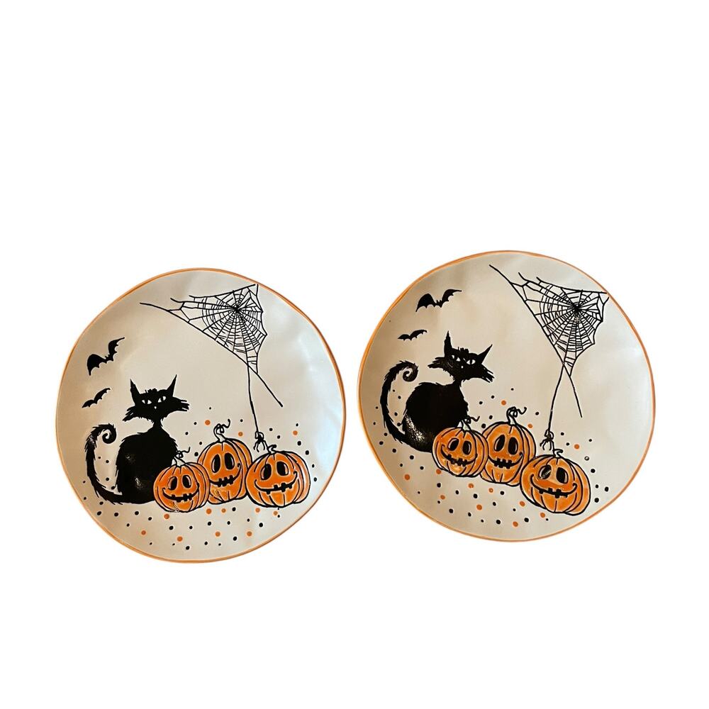 ELI & ANA Halloween Salad Plates 8in Black Cat Bats Pumpkins Set of 2 New - Picture 5 of 11